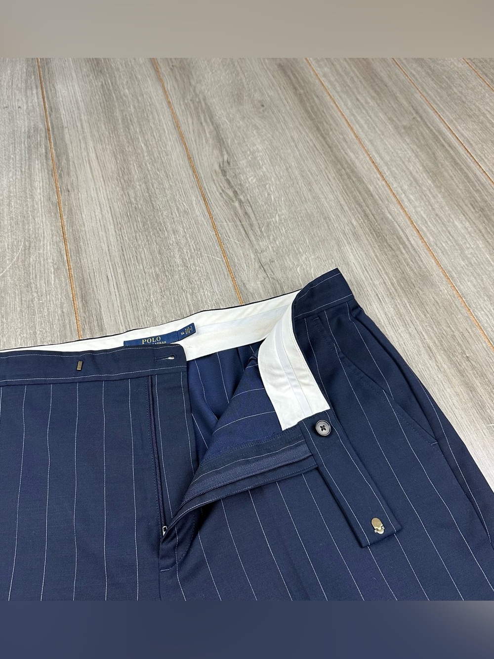 Polo Ralph Lauren Trouser Womens 14 Pinstripe Blue 100% Wool Straight Leg